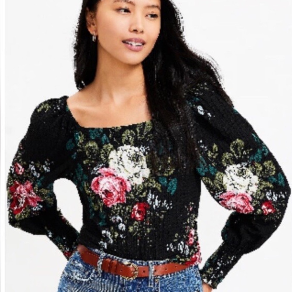 LOFT Black Floral Knit long sleeve smocked Top